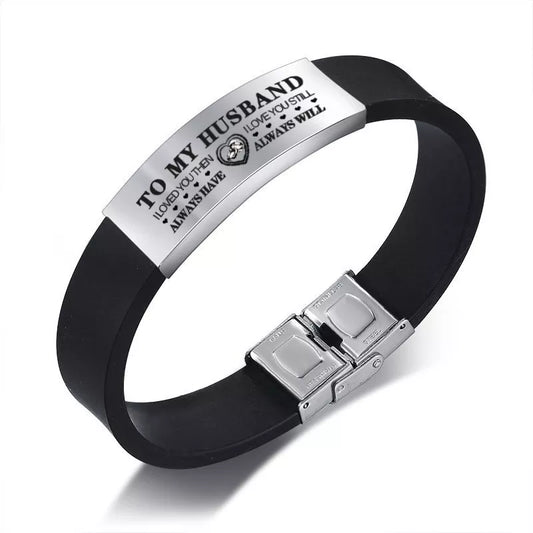 Custom "TO HUSBAND" Bracelet - Black Silicone Wrist Band with Stainless Steel Tag,
