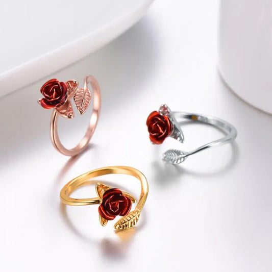 Red Rose Flower Leaves Opening Ring - Unveil Your Love with Elegance