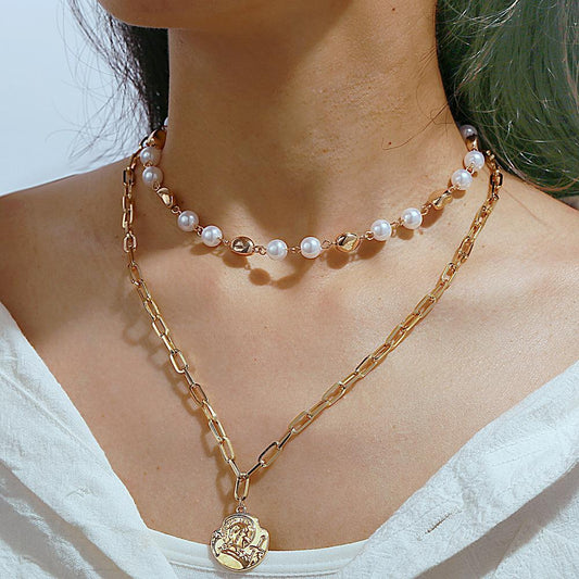 2-Piece Pearl Coin Head Necklace - 18K Gold Plated Italy Design