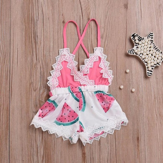 Infant Baby Girls Bodysuits with Watermelon Print and Lace