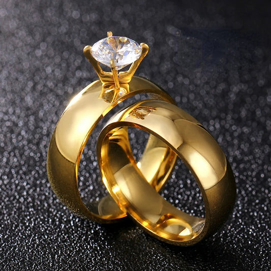 Gold Promise Rings - Stunning Titanium Steel Zircon Couple Ring Set
