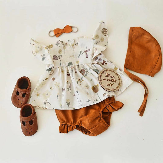 Rustic Summer Toddler Girl Set with Matching Bonnet and Bow Tie