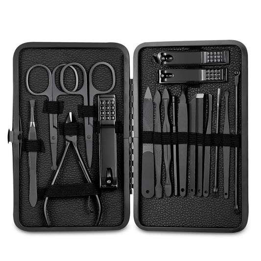 Classic Black Manicure - Pedicure - Facial Set With Stainless Steel Accessories