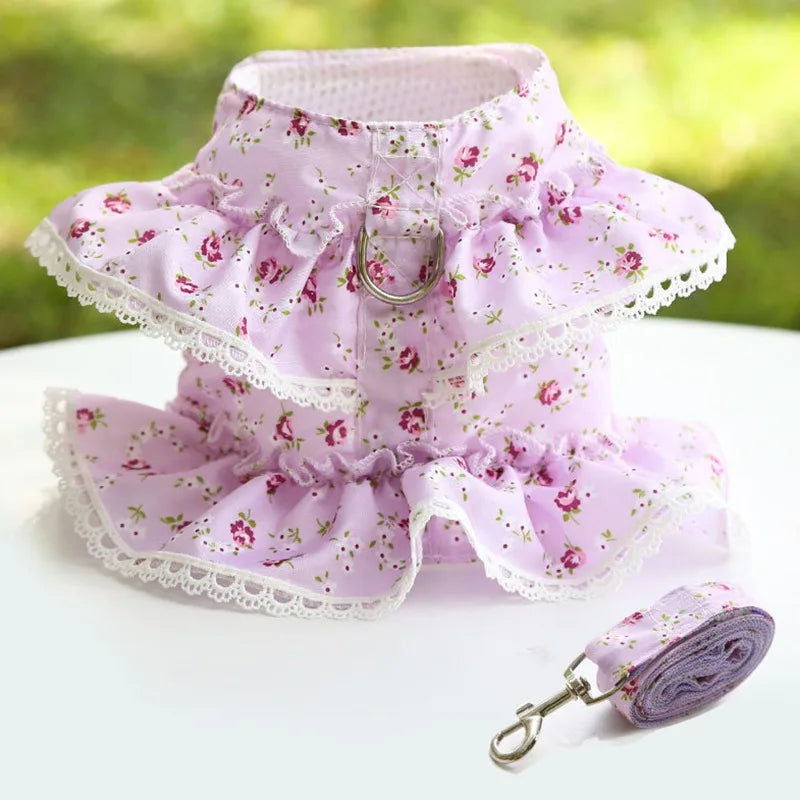 Floral Printed Lace Trim Pet Harness and Leash Set