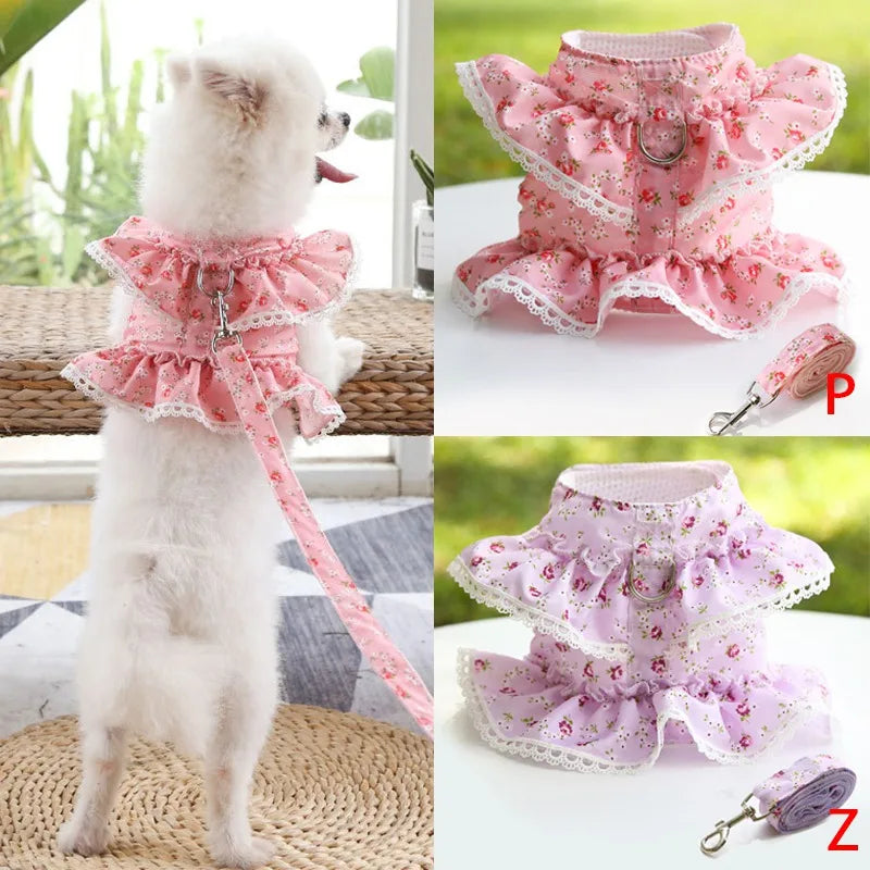 Floral Printed Lace Trim Pet Harness and Leash Set